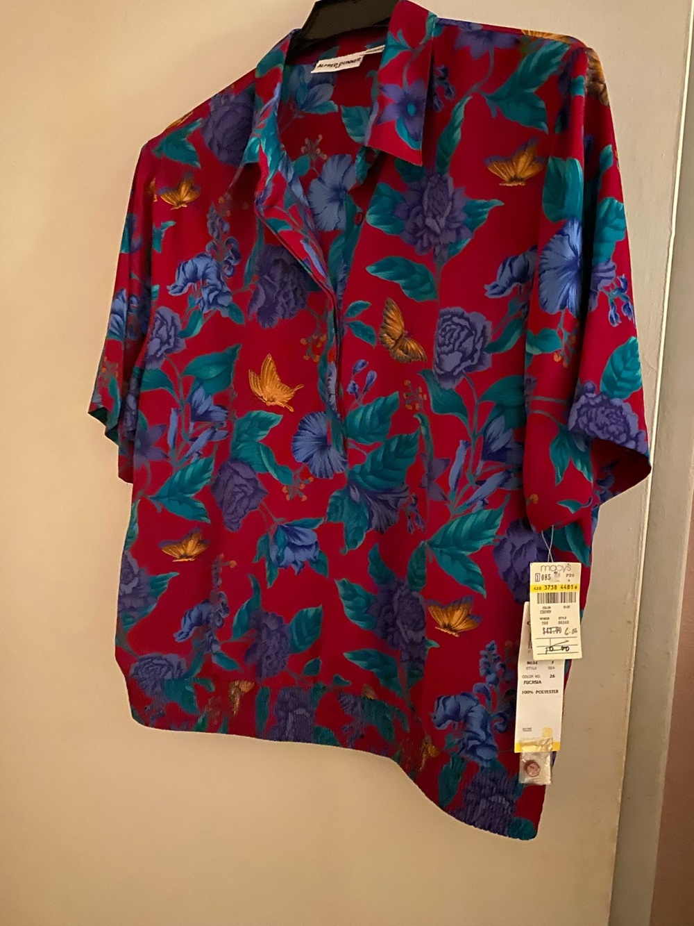 Women Red Floral Button-Up top with Blue & Teal Accents